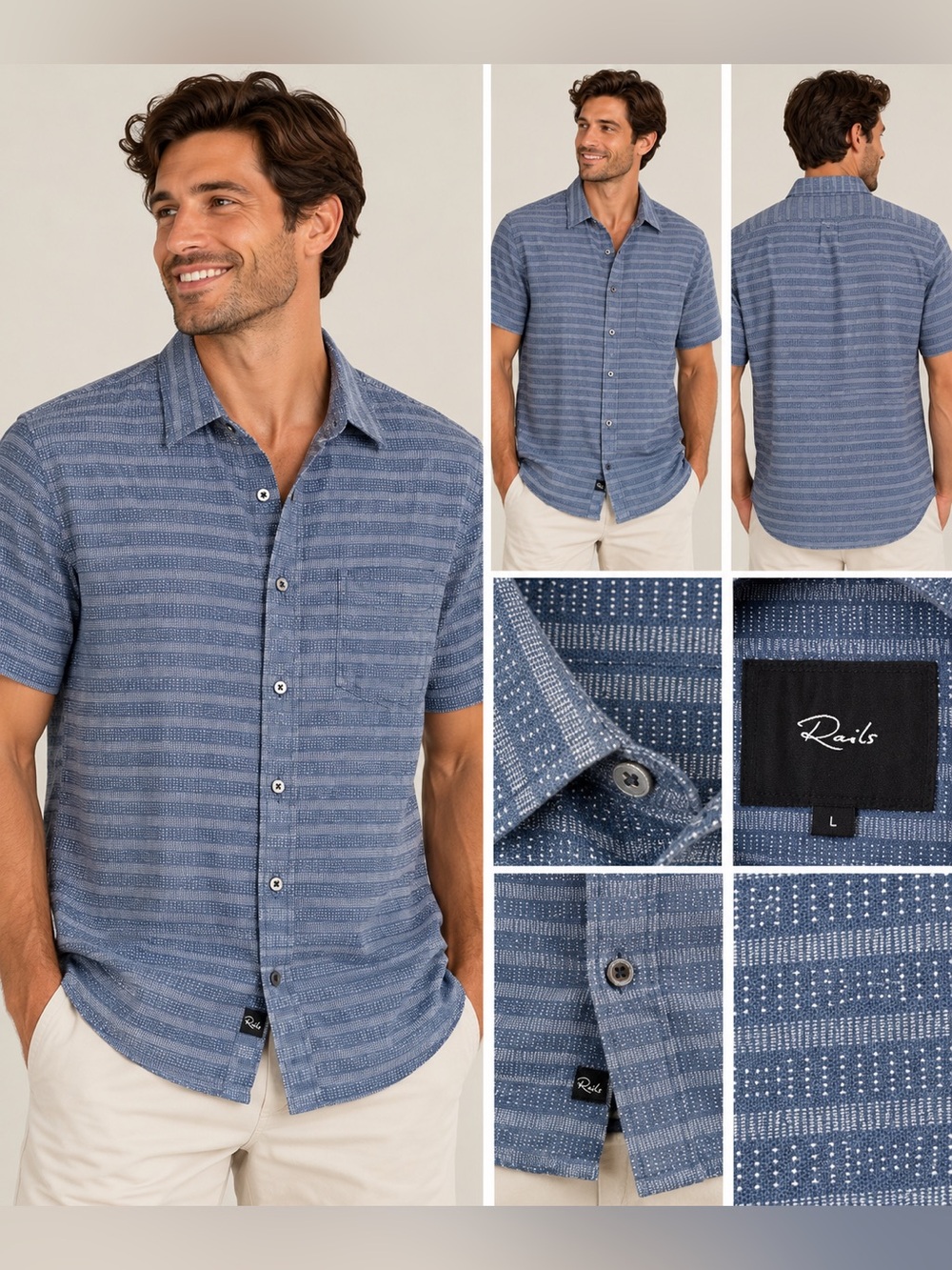 Rails Carson Homespun Border Blue Linen Blend Shirt Men’s Large L